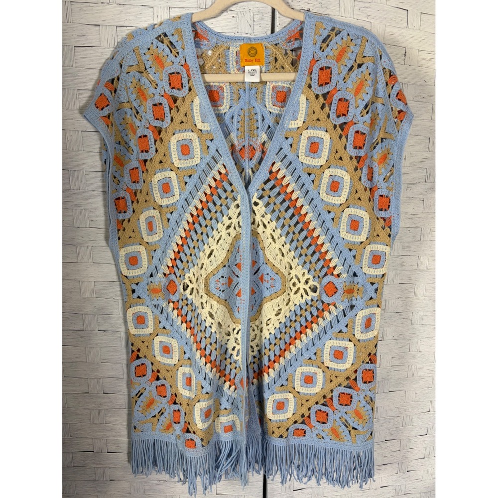 Ruby Rd Womens Cardigan Crochet Fringe Vest Blue Orange Geometric 68561 QC